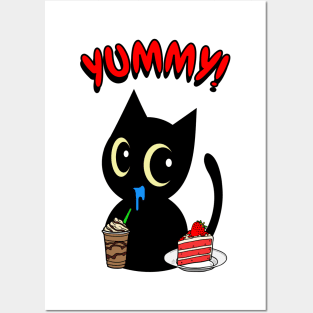 Cute black cat is having coffee and cake Posters and Art